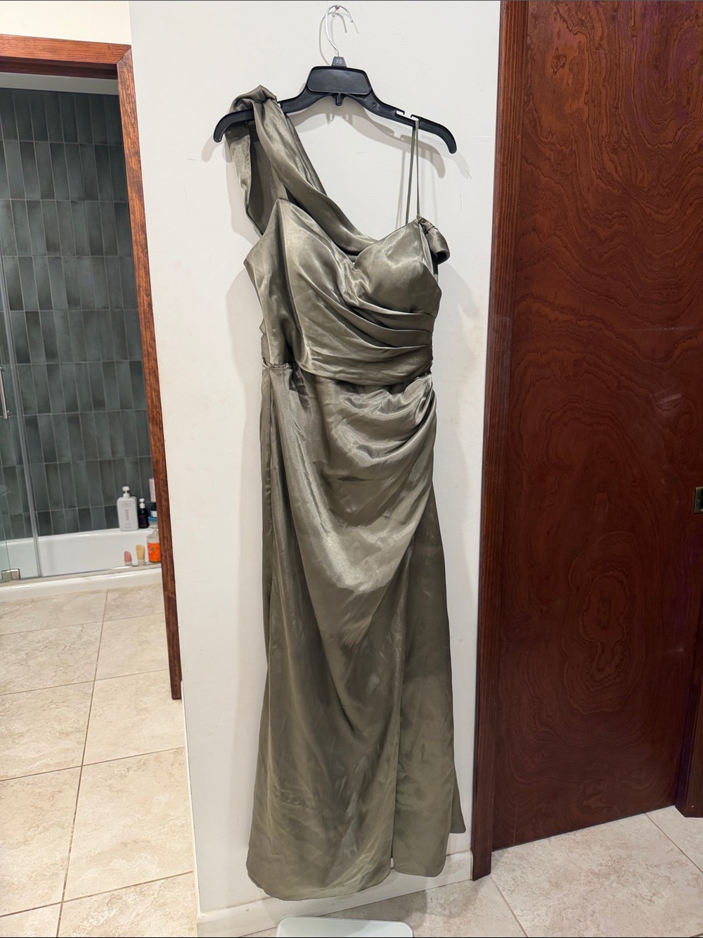 One-Shoulder Olive Satin Evening Gown